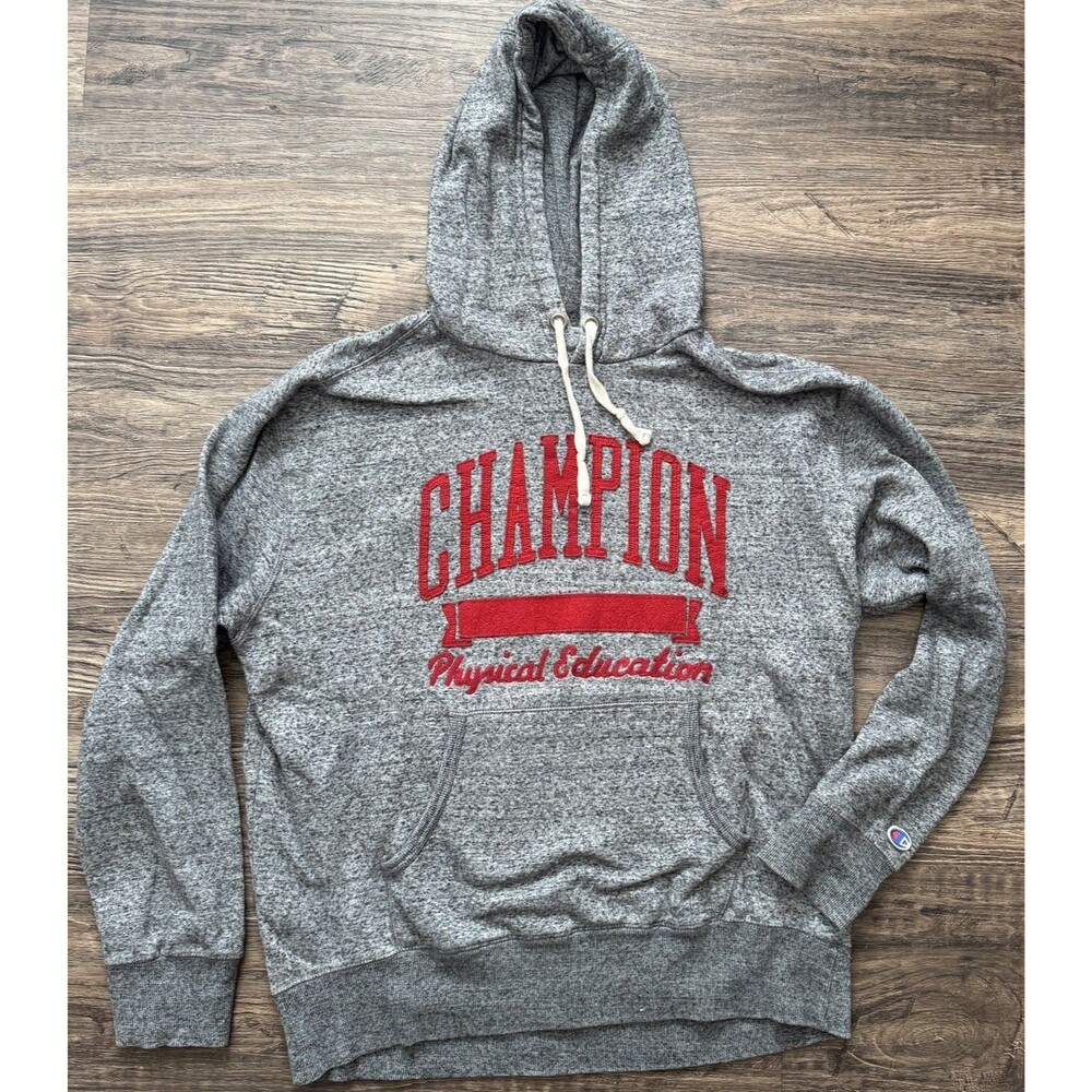 Champion Hoodie Mens XL Gray Red 90s style Pullover Athletic Fleece Sweatshirt